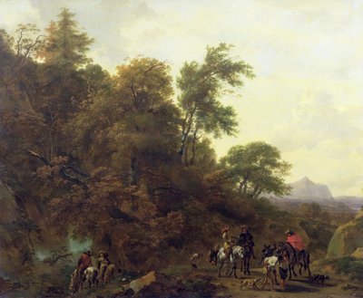 Wooded Landscape with Soldiers Escorting Prisoners, 1656 by Nicolaes Pietersz. Berchem